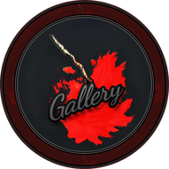 A digital design of a dark red circle with a lighter red paint splatter & a black ink pen brush dipped into it as a continuing pattern with a very thin light grey circle outline and a very thin black circle outline it, then a navy blue toned dark grey circ